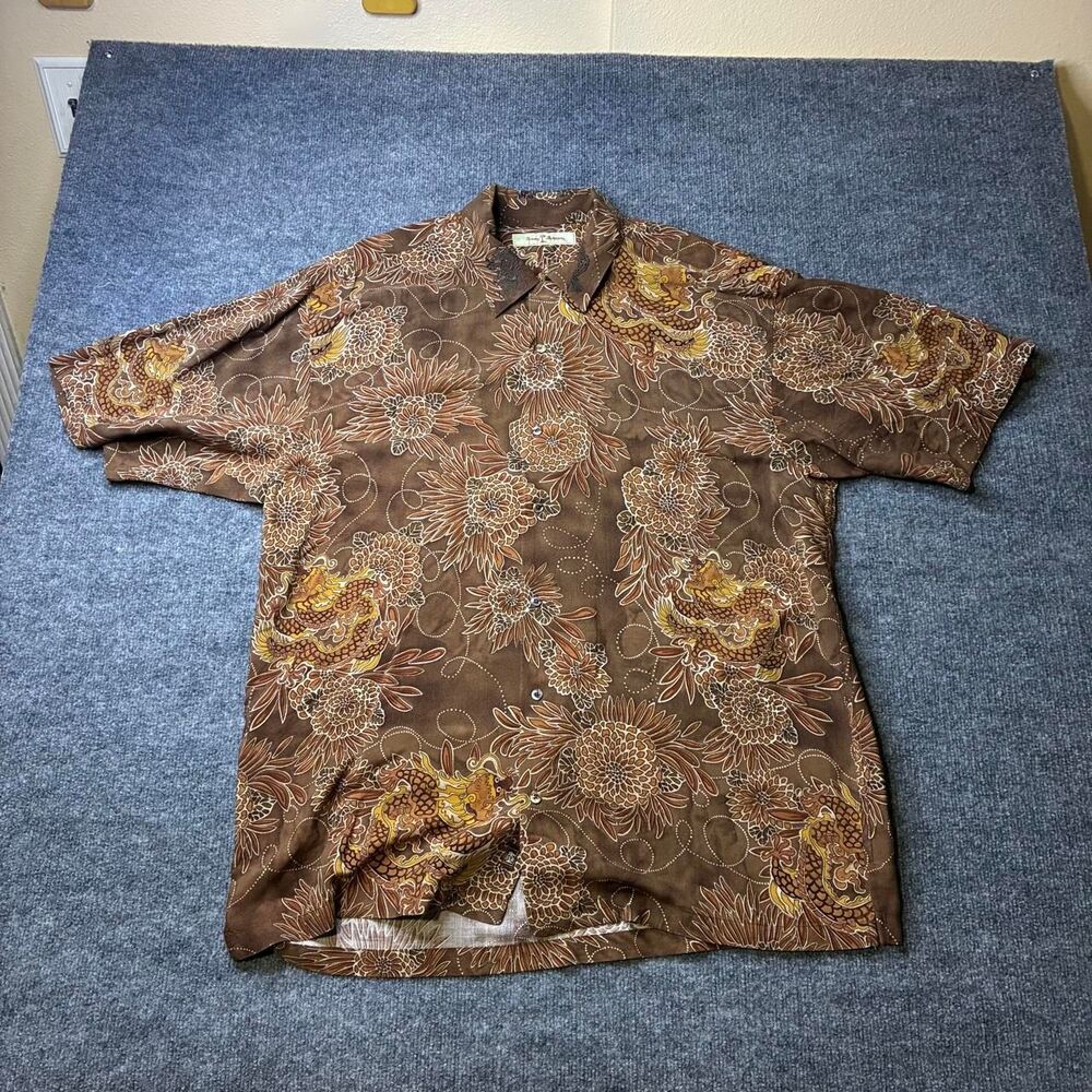 Tommy Bahama Dragon Floral Hawaiian Shirt Mens XL Brown Short Sleeve Rayon Blend - Picture 2 of 8